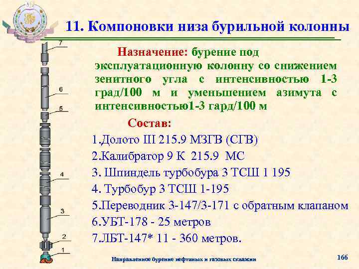 11. Компоновки низа бурильной колонны Назначение: бурение под эксплуатационную колонну со снижением зенитного угла