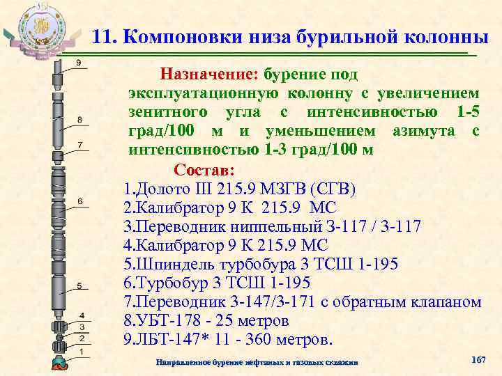 11. Компоновки низа бурильной колонны Назначение: бурение под эксплуатационную колонну с увеличением зенитного угла