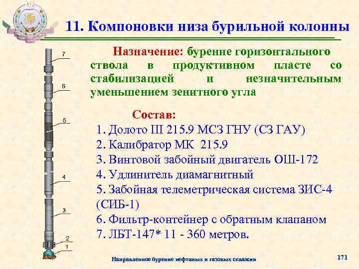 11. Компоновки низа бурильной колонны Назначение: бурение горизонтального ствола в продуктивном пласте со стабилизацией