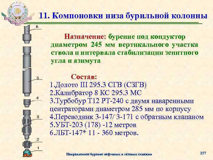 11. Компоновки низа бурильной колонны Назначение: бурение под кондуктор диаметром 245 мм вертикального участка