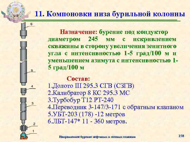 11. Компоновки низа бурильной колонны Назначение: бурение под кондуктор диаметром 245 мм с искривлением