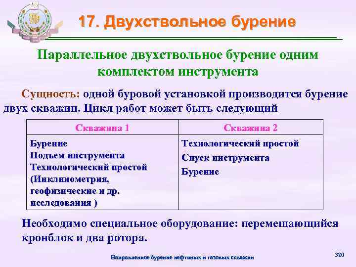 17. Двухствольное бурение Параллельное двухствольное бурение одним комплектом инструмента Сущность: одной буровой установкой производится