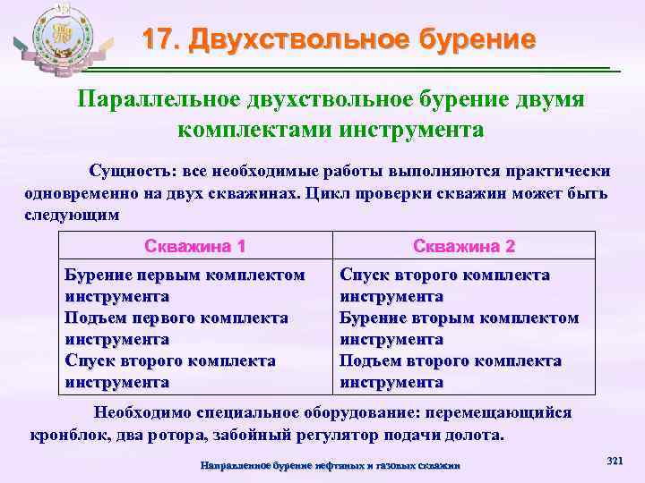17. Двухствольное бурение Параллельное двухствольное бурение двумя комплектами инструмента Сущность: все необходимые работы выполняются