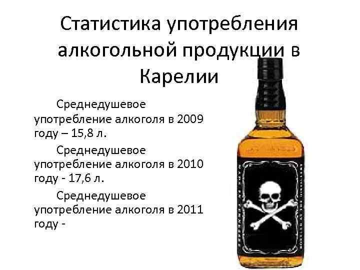 Статистика употребления алкогольной продукции в Карелии Среднедушевое употребление алкоголя в 2009 году – 15,