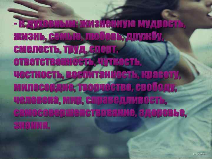 - к духовным: жизненную мудрость, жизнь, семью, любовь, дружбу, смелость, труд, спорт, ответственность, чуткость,