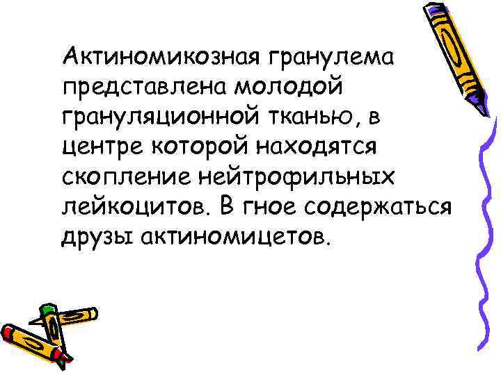 Актиномикозная гранулема представлена молодой грануляционной тканью, в центре которой находятся скопление нейтрофильных лейкоцитов. В