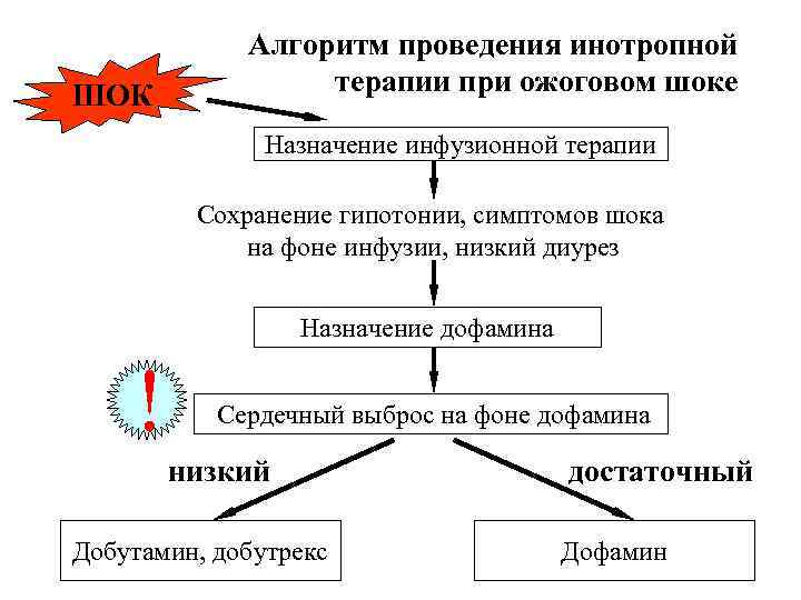 ШОК Алгоритм проведения инотропной терапии при ожоговом шоке Назначение инфузионной терапии Сохранение гипотонии, симптомов