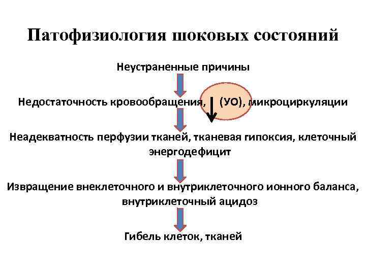 Патофизиология шоковых состояний Неустраненные причины Недостаточность кровообращения, (УО), микроциркуляции Неадекватность перфузии тканей, тканевая гипоксия,