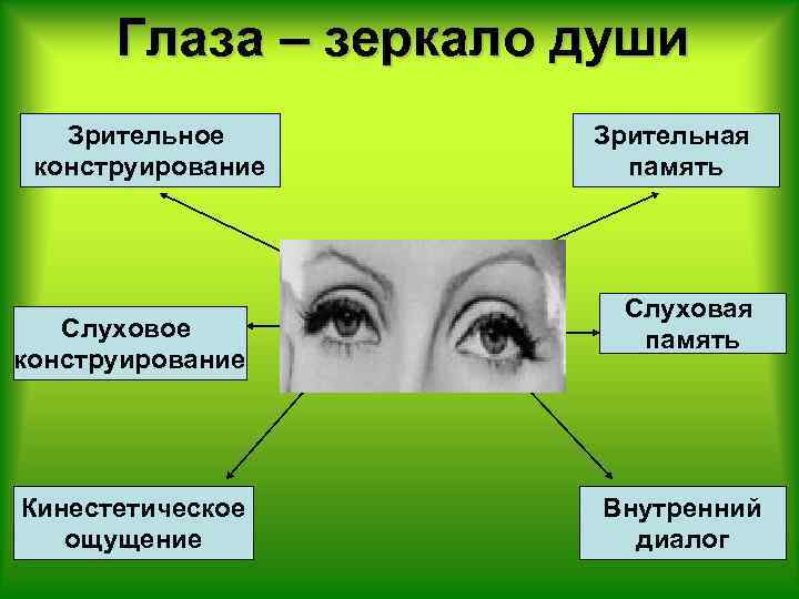Глаза – зеркало души Зрительное конструирование Слуховое конструирование Кинестетическое ощущение Зрительная память Слуховая память