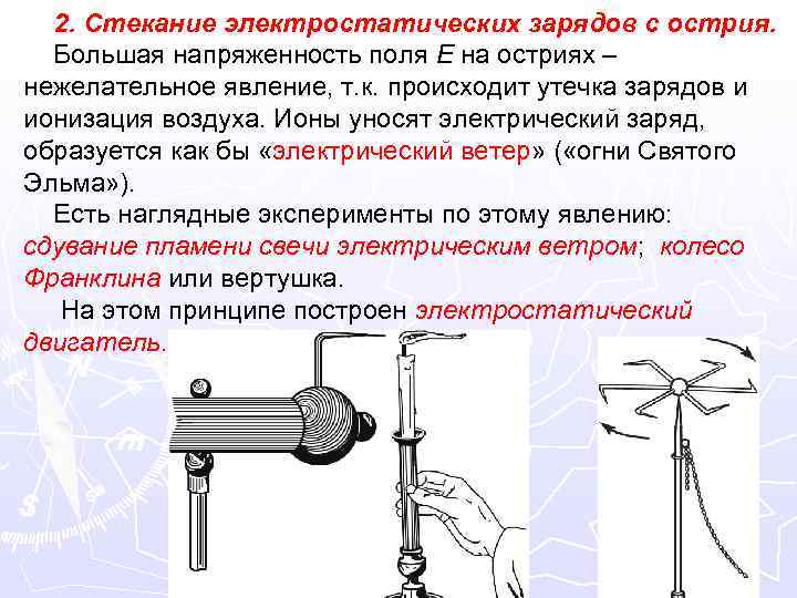 2. Стекание электростатических зарядов с острия. Большая напряженность поля E на остриях – нежелательное