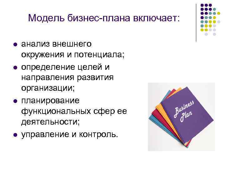 Модель бизнес-плана включает: l l анализ внешнего окружения и потенциала; определение целей и направления