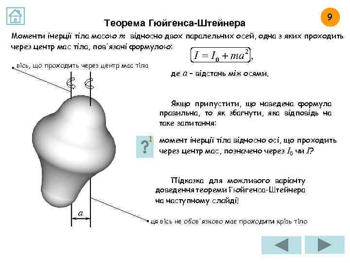 Теорема Гюйгенса-Штейнера 9 Моменти інерції тіла масою m відносно двох паралельних осей, одна з