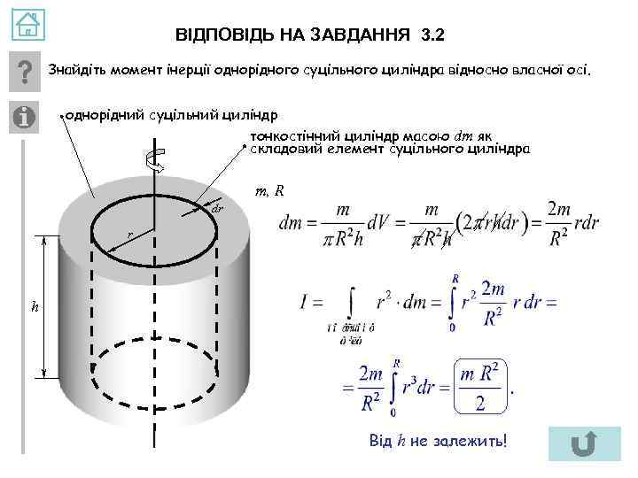 ВІДПОВІДЬ НА ЗАВДАННЯ 3. 2 Знайдіть момент інерції однорідного суцільного циліндра відносно власної осі.