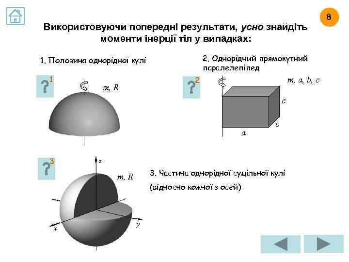 Використовуючи попередні результати, усно знайдіть моменти інерції тіл у випадках: 2. Однорідний прямокутний паралелепіпед