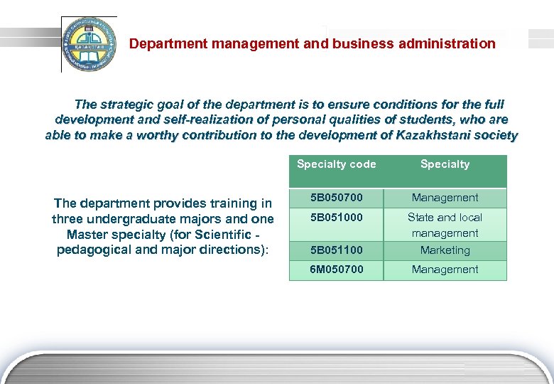 Department management and business administration The strategic goal of the department is to ensure
