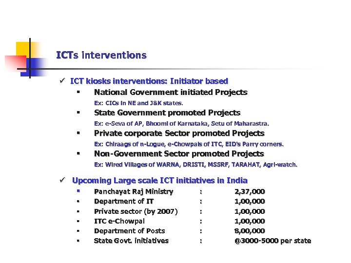 ICTs interventions ü ICT kiosks interventions: Initiator based § National Government initiated Projects Ex: