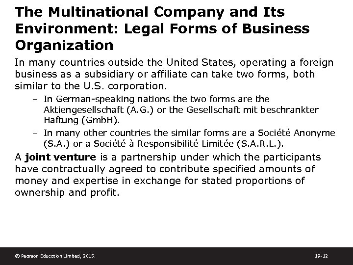 The Multinational Company and Its Environment: Legal Forms of Business Organization In many countries