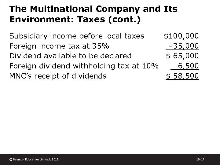 The Multinational Company and Its Environment: Taxes (cont. ) Subsidiary income before local taxes