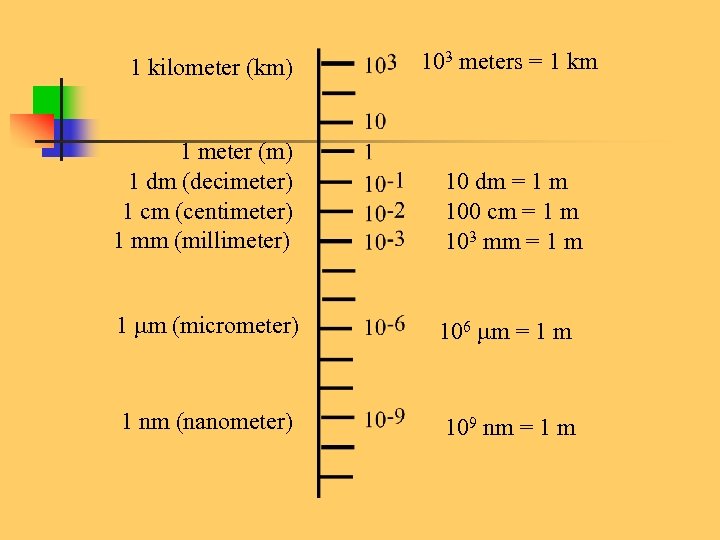 1 kilometer (km) 103 meters = 1 km 1 meter (m) 1 dm (decimeter)