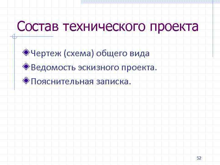 Состав технического проекта Чертеж (схема) общего вида Ведомость эскизного проекта. Пояснительная записка. 52 