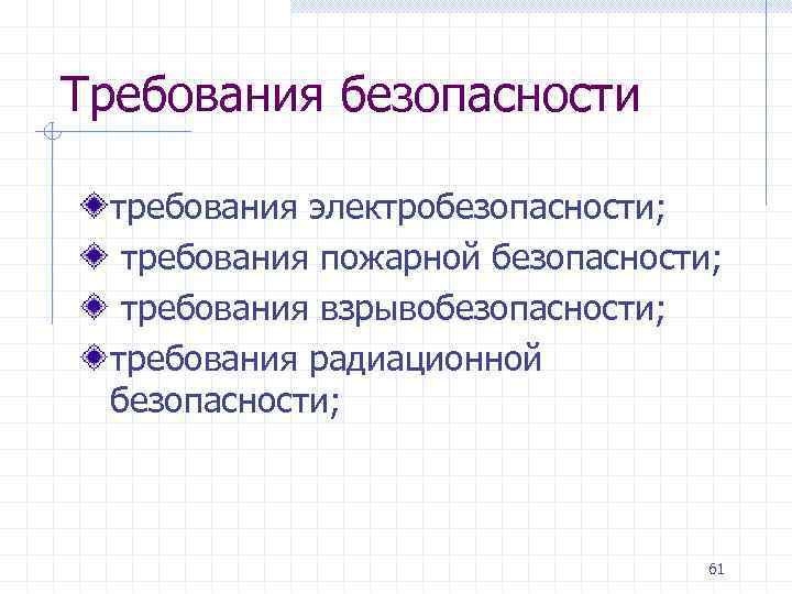 Требования безопасности требования электробезопасности; требования пожарной безопасности; требования взрывобезопасности; требования радиационной безопасности; 61 