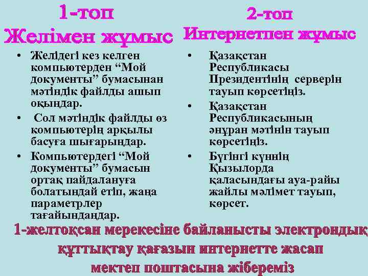  • Желідегі кез келген компьютерден “Мой документы” бумасынан мәтіндік файлды ашып оқыңдар. •