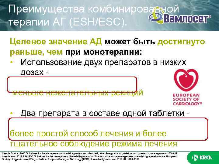 Преимущества комбинированной терапии АГ (ESH/ESC). Целевое значение АД может быть достигнуто раньше, чем при