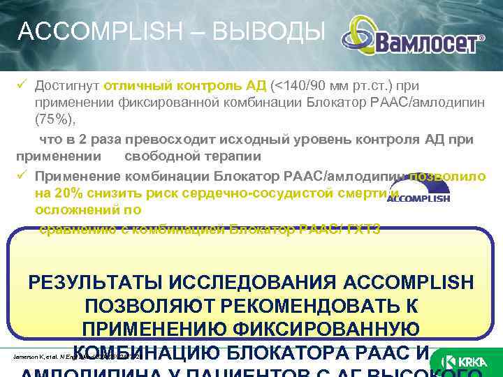 ACCOMPLISH – ВЫВОДЫ Достигнут отличный контроль АД (<140/90 мм рт. ст. ) применении фиксированной