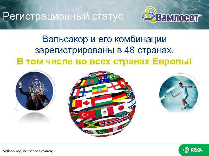 Регистрационный статус Вальсакор и его комбинации зарегистрированы в 48 странах. В том числе во