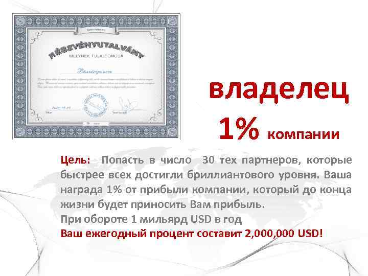 владелец 1% компании Цель: Попасть в число 30 тех партнеров, которые быстрее всех достигли