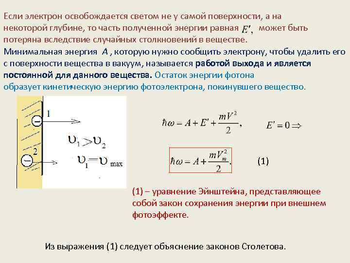 Если электрон освобождается светом не у самой поверхности, а на некоторой глубине, то часть