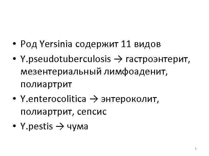  • Род Yersinia содержит 11 видов • Y. pseudotuberculosis → гастроэнтерит, мезентериальный лимфоаденит,