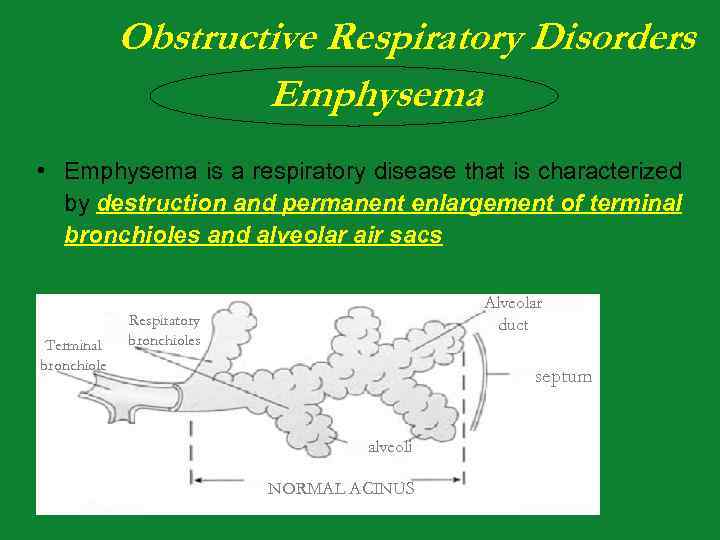 Obstructive Respiratory Disorders Emphysema • Emphysema is a respiratory disease that is characterized by