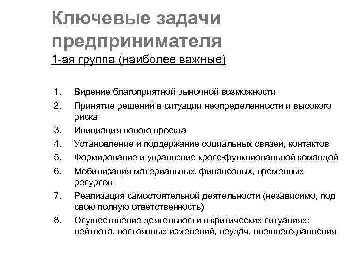 Ключевые задачи предпринимателя 1 -ая группа (наиболее важные) 1. 2. Видение благоприятной рыночной возможности