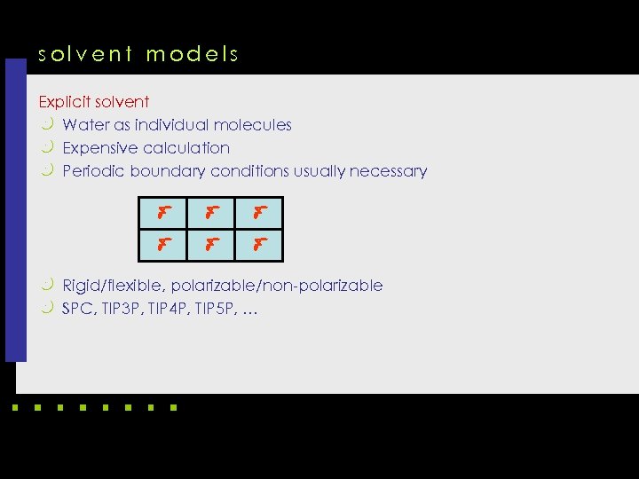 solvent models Explicit solvent k Water as individual molecules k Expensive calculation k Periodic