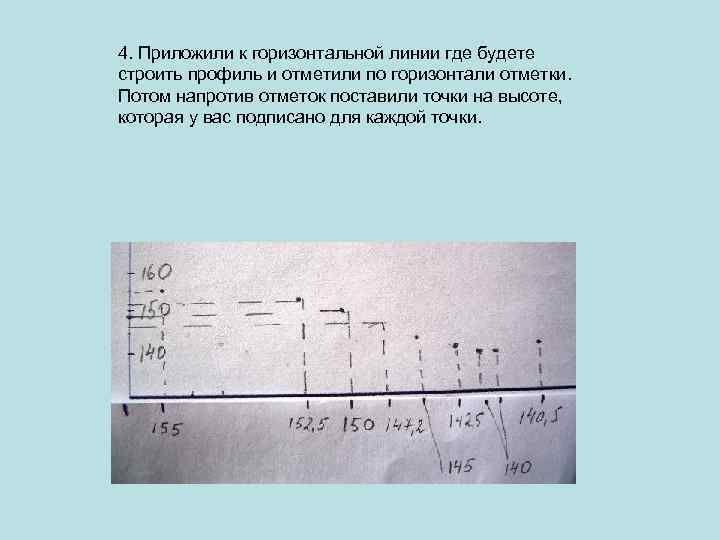 4. Приложили к горизонтальной линии где будете строить профиль и отметили по горизонтали отметки.