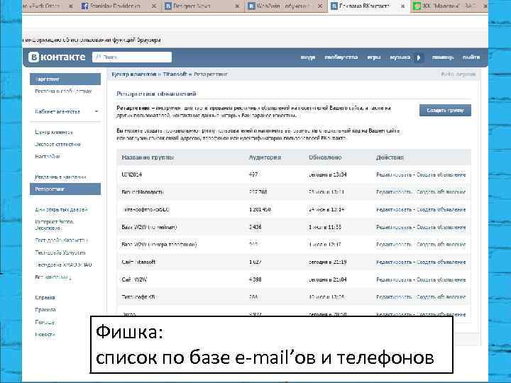 Фишка: список по базе e-mail’ов и телефонов 