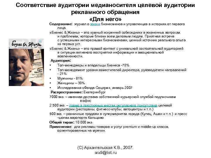 Соответствие аудитории медианосителя целевой аудитории рекламного обращения «Для него» Содержание: журнал о жизни бизнесменов