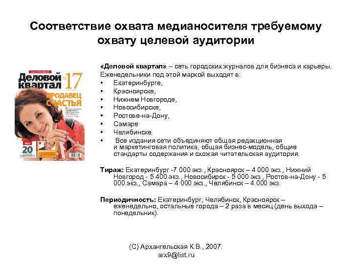 Соответствие охвата медианосителя требуемому охвату целевой аудитории «Деловой квартал» – сеть городских журналов для