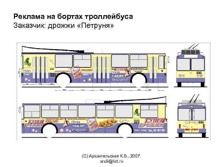 Реклама на бортах троллейбуса Заказчик: дрожжи «Петруня» (С) Архангельская К. В. , 2007. arx