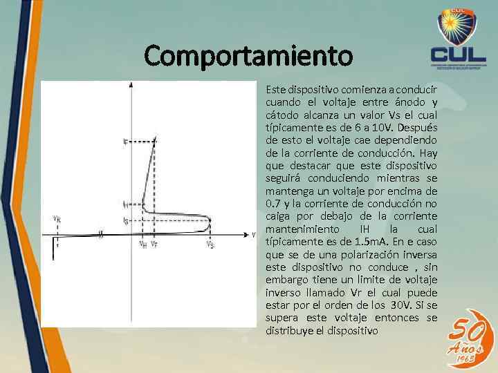 Comportamiento Este dispositivo comienza a conducir cuando el voltaje entre ánodo y cátodo alcanza