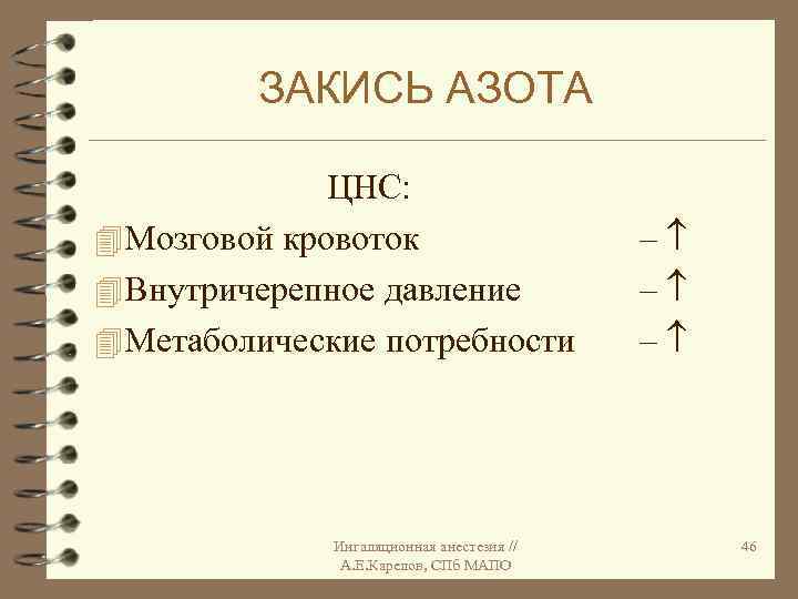 ЗАКИСЬ АЗОТА ЦНС: 4 Мозговой кровоток 4 Внутричерепное давление 4 Метаболические потребности Ингаляционная анестезия