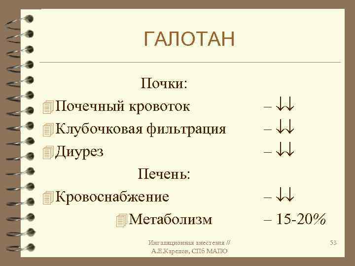 ГАЛОТАН Почки: 4 Почечный кровоток 4 Клубочковая фильтрация 4 Диурез Печень: 4 Кровоснабжение 4