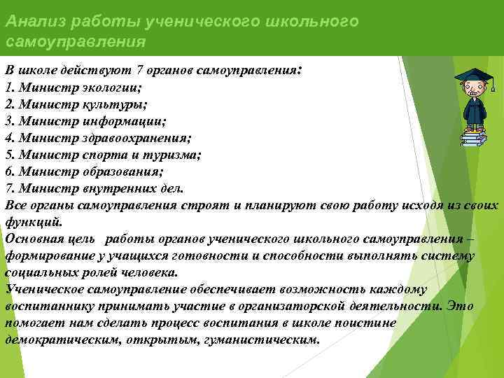 Анализ работы ученического школьного самоуправления В школе действуют 7 органов самоуправления: 1. Министр экологии;