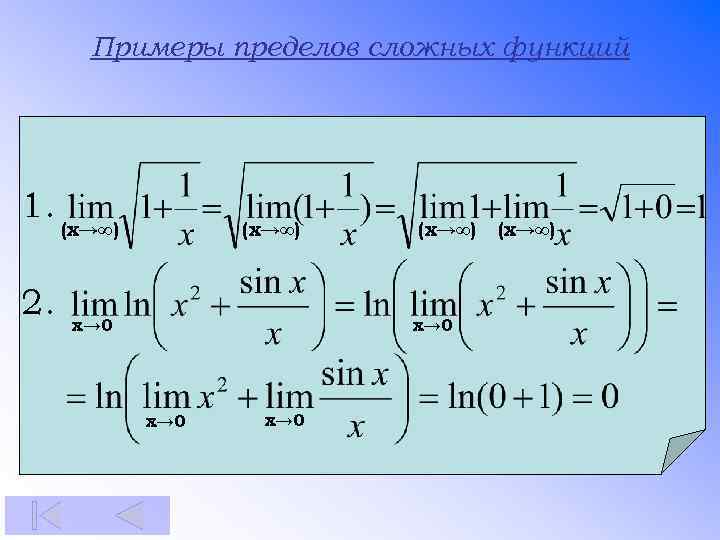 Примеры пределов сложных функций 1. 2. (x→∞) x→ 0 x→ 0 (x→∞) 