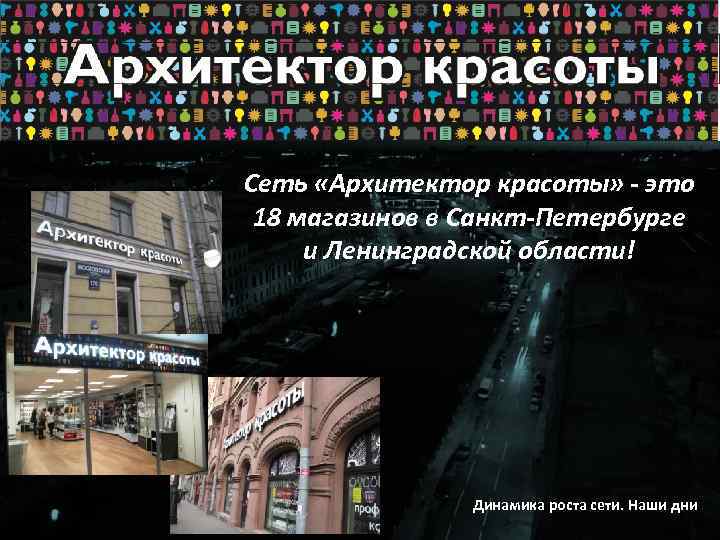 Сеть «Архитектор красоты» - это 18 магазинов в Санкт-Петербурге и Ленинградской области! Динамика роста