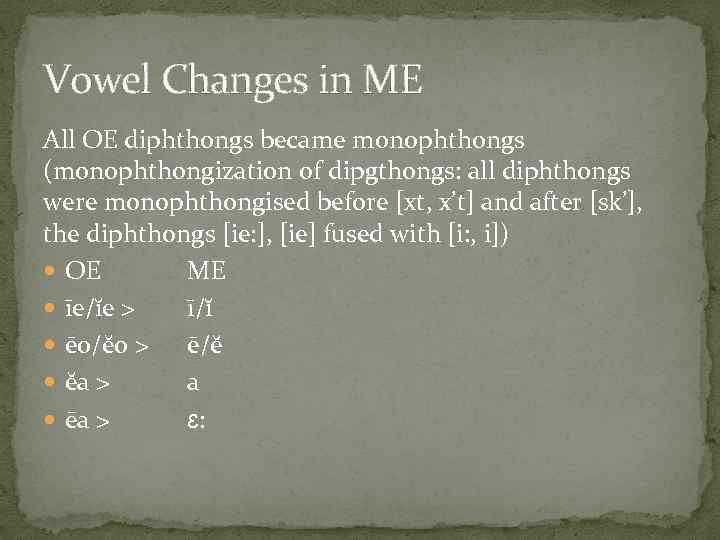 Vowel Changes in ME All OE diphthongs became monophthongs (monophthongization of dipgthongs: all diphthongs