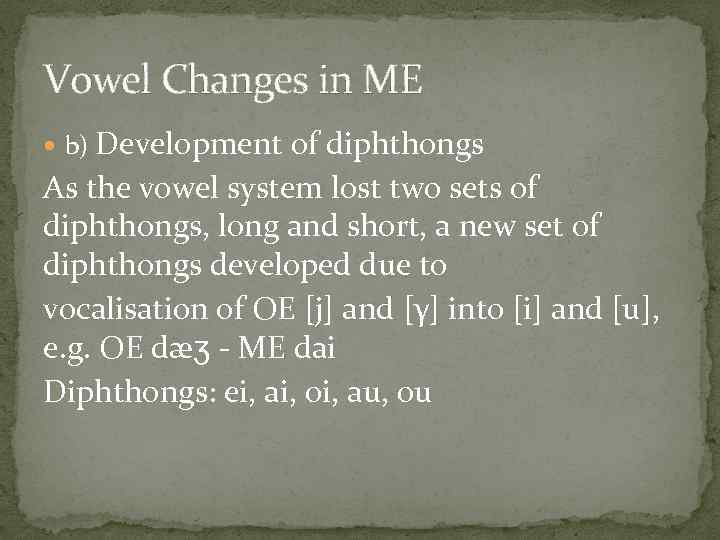 Vowel Changes in ME b) Development of diphthongs As the vowel system lost two