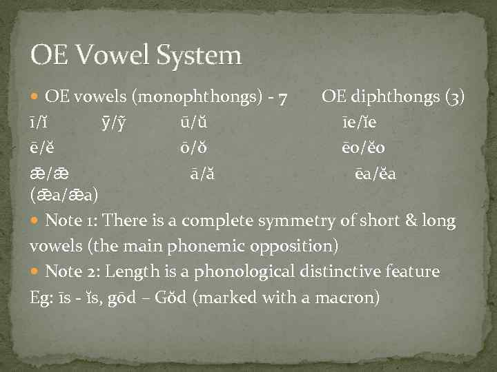 OE Vowel System OE vowels (monophthongs) - 7 OE diphthongs (3) īe/ĭe ēo/ĕo ēa/ĕa