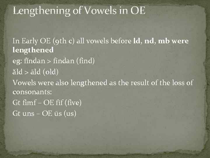 Lengthening of Vowels in OE In Early OE (9 th c) all vowels before